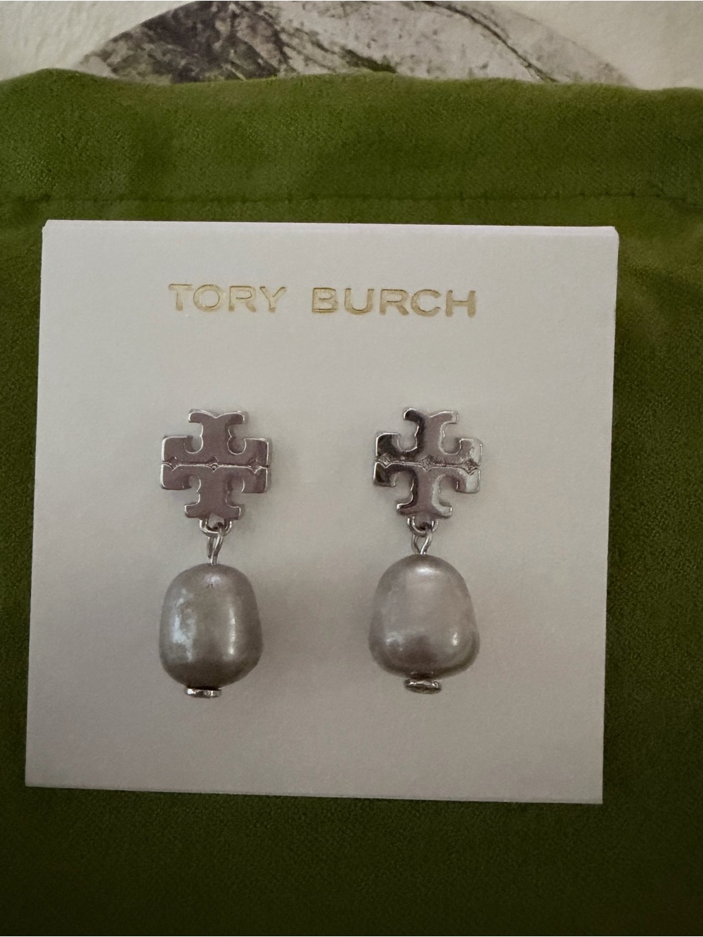 Tory Burch Silver Tone Logo Pearl Drop Earrings